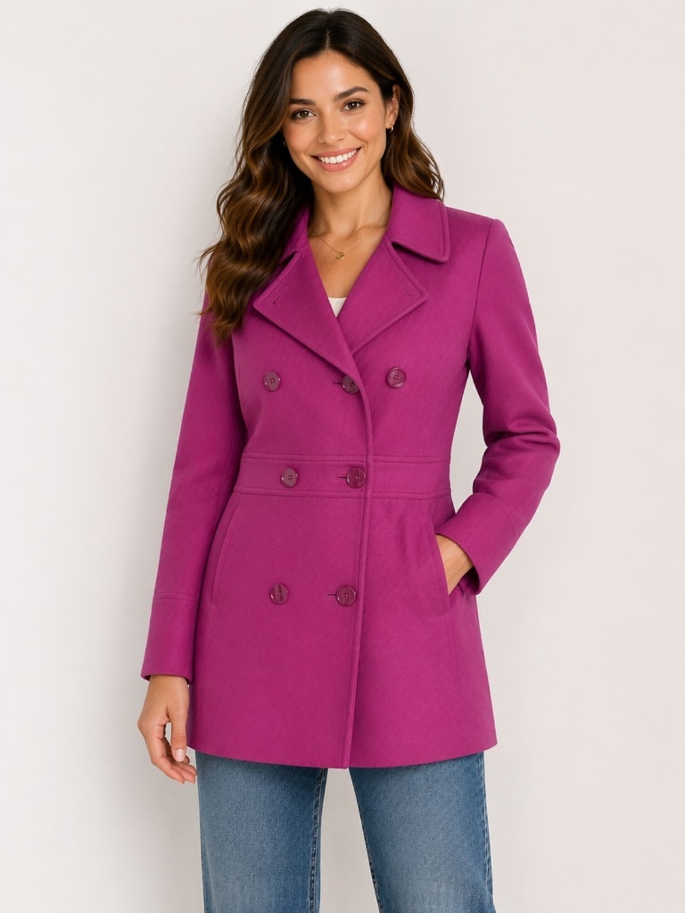 Preppy Cotton Peacoat | Double Breasted Satin Lined | Spring Fuchsia Pink Medium